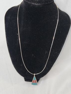 Silver Necklace with Turquoise and Coral Inlay Pendant - Women Jewelry